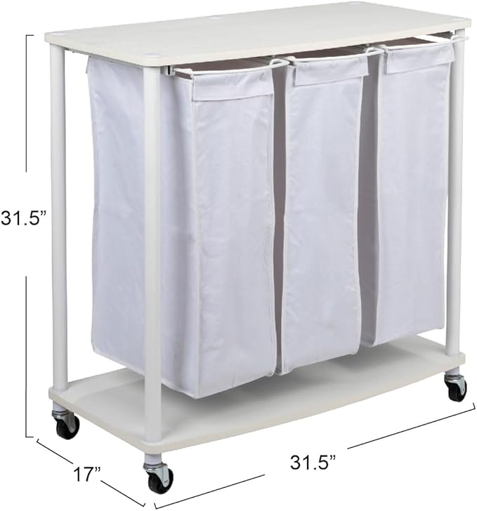 Household Essentials 3-Bag Laundry Sorter, Smooth Laminate Shelving, Sturdy Steel Frame, Wheeling and Stationary Feet Options, Washable Linen Laundry Bags, 3-Load Capacity, Versatile, White