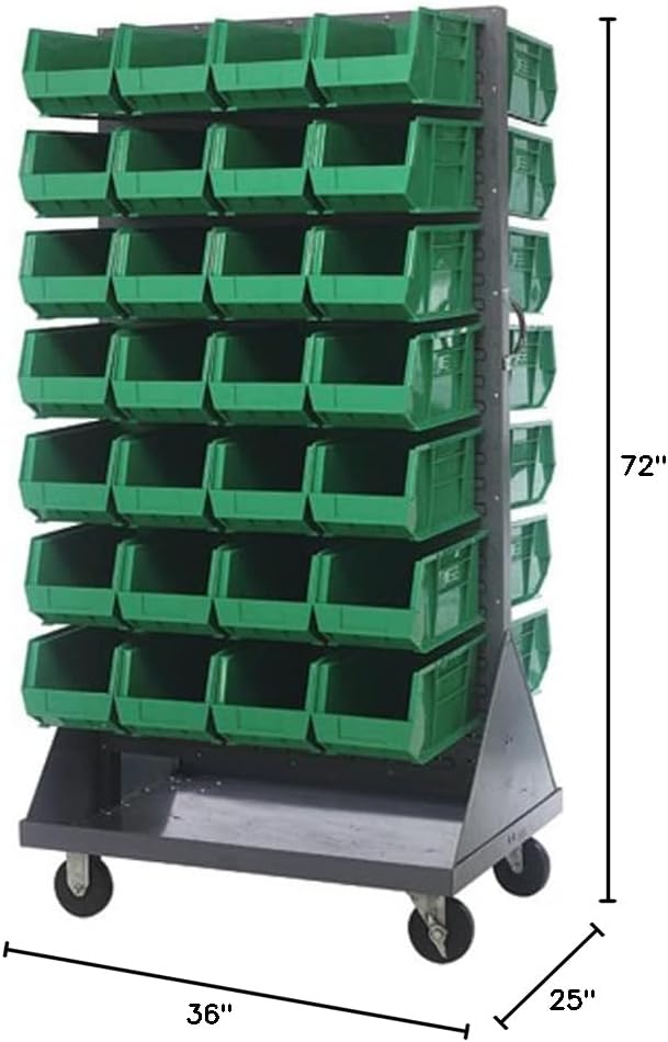 Quantum Storage Systems QMD-36H-240GN Mobile Double Sided Gray Louvered Rack System with Bins, 36” L x 25” W 72” H, Green