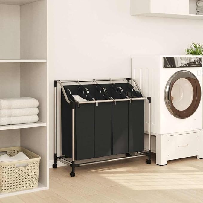 Laundry Sorter with 4 Bags Black Gray, Heavy Duty Steel Frame Rolling Hamper with Removable Full-Size Sorting Bags and Casters for Laundry Room Organization