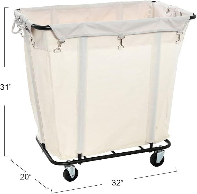 Household Essentials Commercial Laundry Cart with Rolling Caster Wheels, Natural Canvas Liner with Black Steel Frame