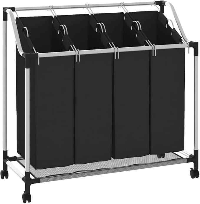 Laundry Sorter with 4 Bags Black Gray, Heavy Duty Steel Frame Rolling Hamper with Removable Full-Size Sorting Bags and Casters for Laundry Room Organization