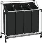 Laundry Sorter with 4 Bags Black Gray, Heavy Duty Steel Frame Rolling Hamper with Removable Full-Size Sorting Bags and Casters for Laundry Room Organization