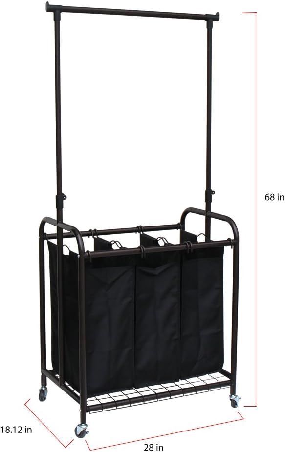 Oceanstar TLS1385 3-Bag Rolling Adjustable Hanging Bar Laundry Sorter, Bronze
