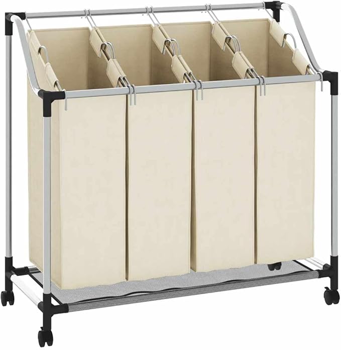 vidaXL Laundry Basket, 4-Bag Laundry Sorter, Rolling Laundry Basket with Removable Bags for Clothes Storage, Laundry Hamper with Wheels, Cream Steel