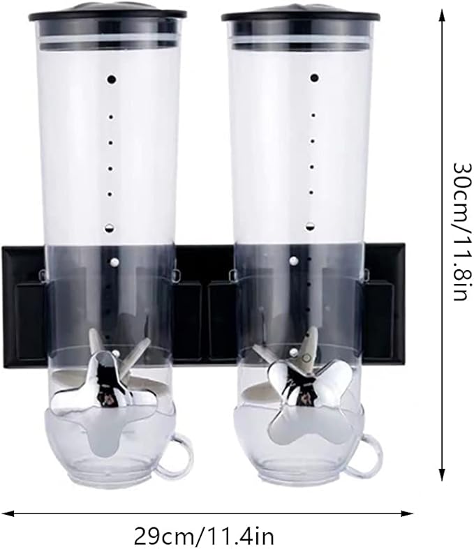 2 Pack 3L/101oz Food Dispenser Wall Mounted Grain Dispenser with 2 Cups Candy Storage Container Double Dry Food Dispensers Wall Mount for Coffee Beans, Nuts, Rice, Millet, Beans (Black)