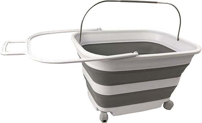 SAMMART 35L (9.24 Gallons) Collapsible Plastic Laundry Basket with Handle and Wheels - Foldable Pop Up Storage Container/Washing Tub - Space Saving (1, White/Grey)