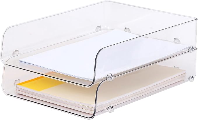 Gagee 2 Pack Paper Organizer for Desk,Clear Stackable Paper Sray Holder ﻿, Office Desk Organizer for Notes, Pens, File, Document