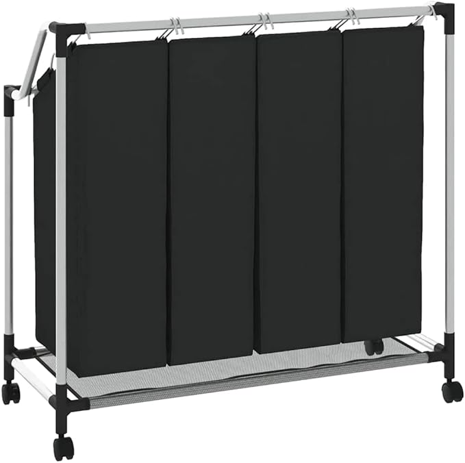 Laundry Sorter with 4 Bags Black Gray, Heavy Duty Steel Frame Rolling Hamper with Removable Full-Size Sorting Bags and Casters for Laundry Room Organization