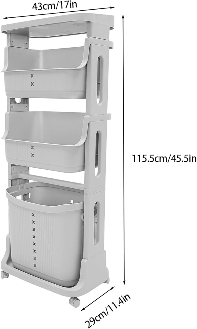 4-Layer Laundry Basket,PP Laundry Basket System Vertical Laundry Sorter with Wheel,Rolling Storage Holder Cart for Laundry Rooms, Bathrooms, Toilets (Grey)