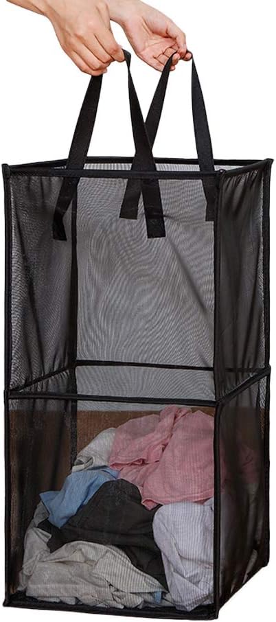 HONOMA Laundry Bags Hamper Bag with Handles,Portable & Collapsible Dirty Clothes Mesh Basket Foldable for Washing Storage, Kids Room,Dorm or Travel (Black,Double-Layer)