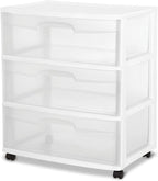 Sterilite Wide 3 Drawer Storage with Wheels, Plastic Rolling Organization Cart, White Frame