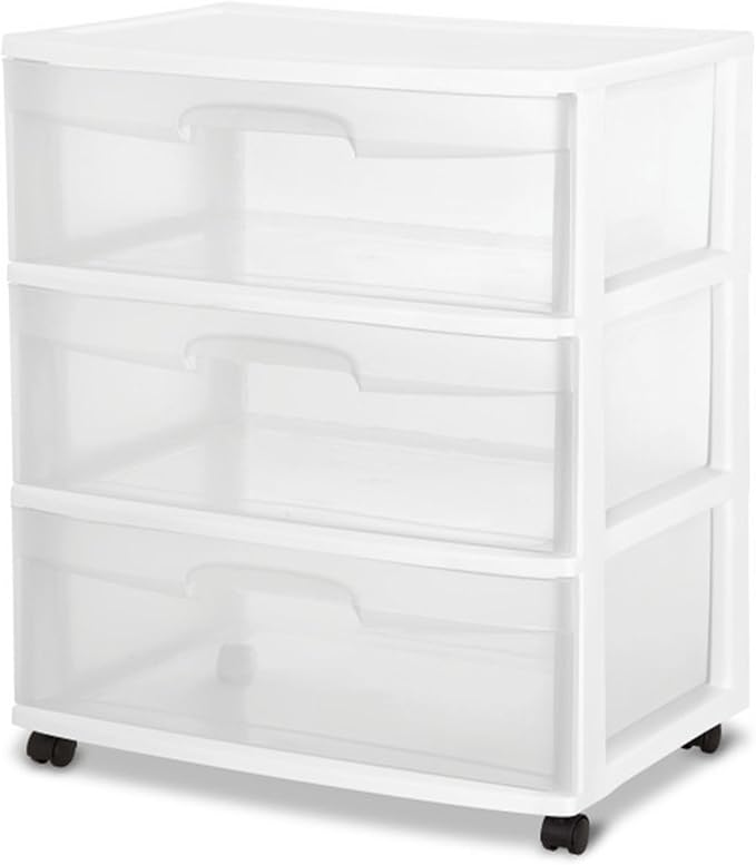 Sterilite Wide 3 Drawer Storage with Wheels, Plastic Rolling Organization Cart, White Frame