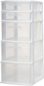 HOMZ 5-Drawer Storage Cart, Clear Plastic Drawers, 14.25" Wide Medium, White Frame - Organizing Drawer Containers for Home, Bathroom, Bedroom, Office, and Classroom