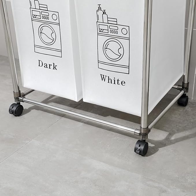Laundry Basket 2 Tier Clothes Sorter with 4 Removable Bags to Organize Clothes, With Four Wheels, Easy to Move, Laundry, Light, Dark
