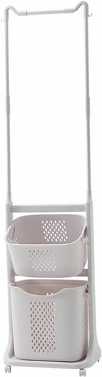 2-Tier Laundry Hamper Sorter with Hanging Bar, Rolling Laundry Baskets with Wheels Removable, Stackable Laundry Cart Organizer and Storage for Small Space Dorm Closet Bathroom