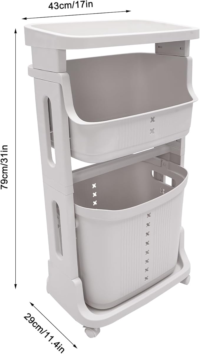 Laundry Basket Hampers,3-Layer Stackable Laundry Basket System Rolling Storage Cart, Vertical Laundry Sorter with Wheel for Kitchen Shelf,Fruit Stand,Clothes Basket (WHite)