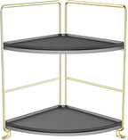 2-Tier Spice Rack Corner Storage Shelf Makeup Organizer Stackable Cosmetic Holder Standing Counter Shelf for Bathroom, Kitchen, Countertop, and Vanity (Gold + Black)