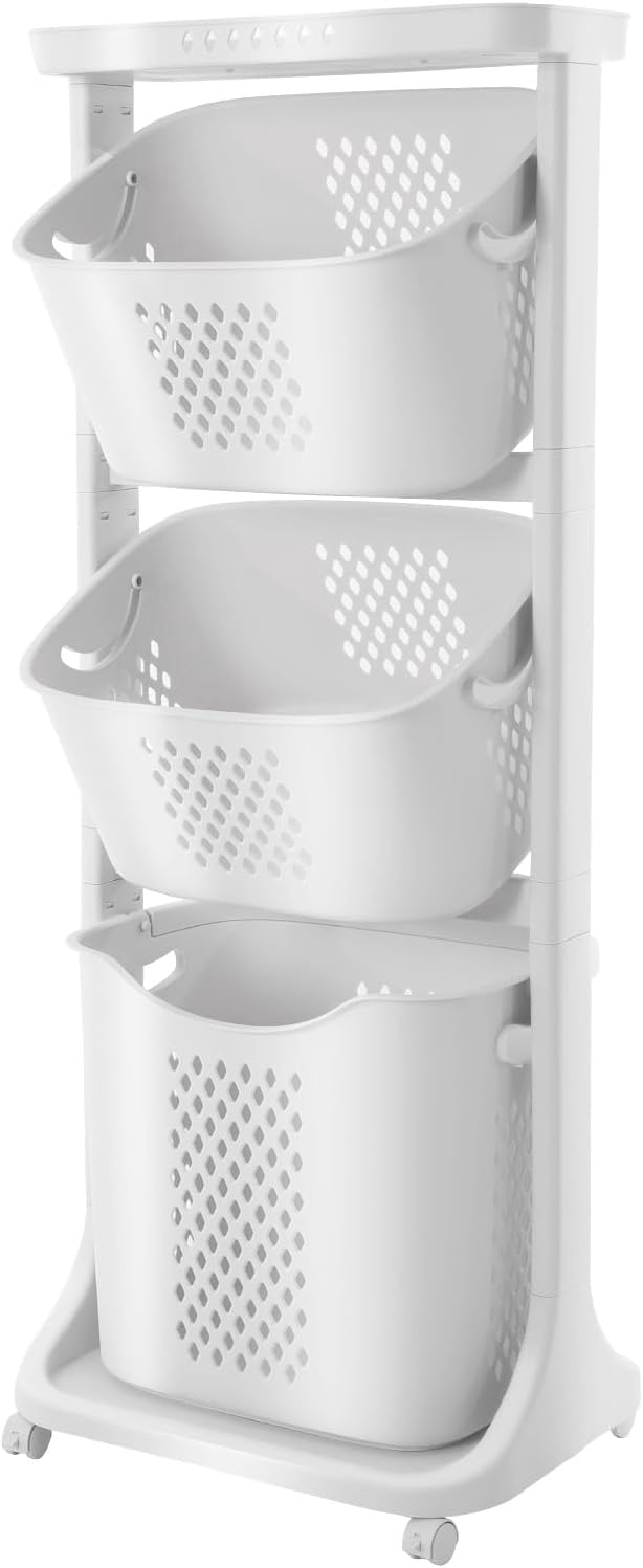 3-Tier Laundry Hamper Sorter, Laundry Storage Organizer with Wheels Removable Rolling Laundry Baskets, Bathroom Cart for Kitchens Bathrooms Bedrooms Classrooms Laundry Rooms