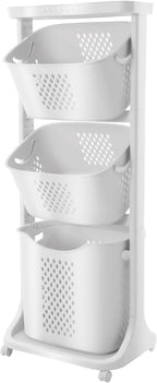 3-Tier Laundry Hamper Sorter, Laundry Storage Organizer with Wheels Removable Rolling Laundry Baskets, Bathroom Cart for Kitchens Bathrooms Bedrooms Classrooms Laundry Rooms