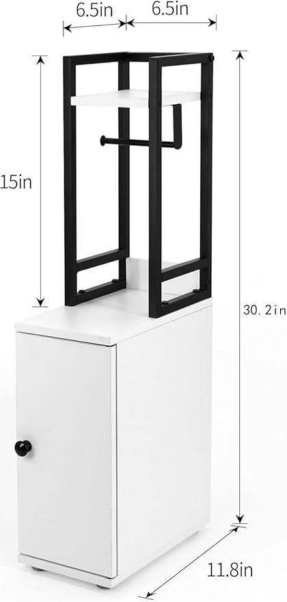Small Bathroom Storage Cabinet, Narrow Side Bathroom Organizer w/Toilet Paper Roll Holder and Metal Frame, Slim Toilet Paper Storage Cabinet for Bathroom, White