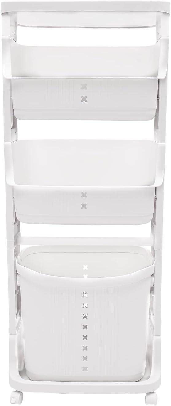 Rolling Laundry Hamper 4 Section Laundry Sorter Cart Vertical Laundry Basket Quad Laundry Sorter for Towels, Blankets & Bathroom Organization White