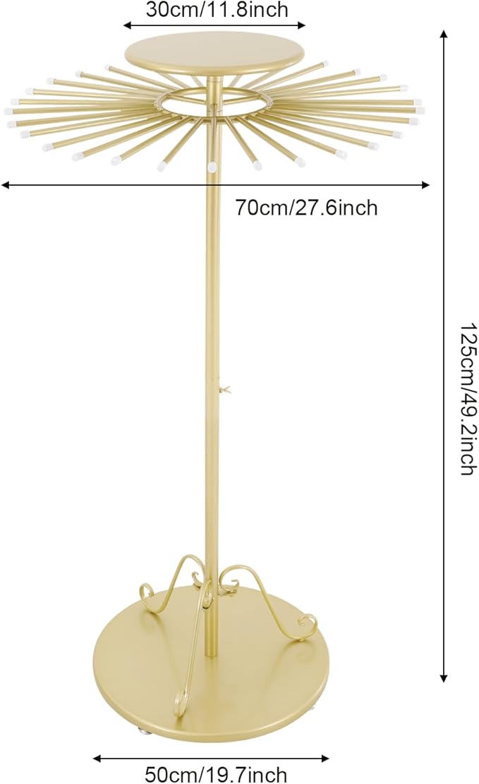 Scarf Display Stand 30-Arm Scarf Holder Organizer Freestanding Scarf Hanger 360° Rotating Rack for Home and Clothing Store (Gold, 30 Rods)