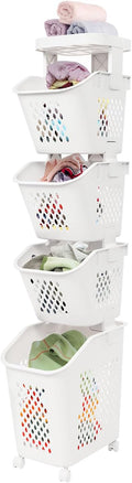 Laundry Hamper Basket Sorter, Multi-Tier PP Laundry Sorter Cart with 4 Wheels, Removable Rolling Laundry Baskets, Heightened Fence, Elevated Bottom (4-Tiers 15.1x52in)