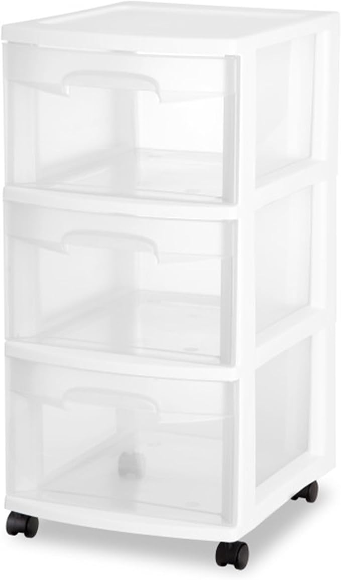 Sterilite 4 Pack Plastic Storage Organizer, 3 Drawer Rolling Bin Cart, Closet Organization, White