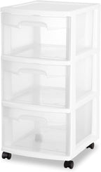 Sterilite 4 Pack Plastic Storage Organizer, 3 Drawer Rolling Bin Cart, Closet Organization, White