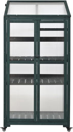 Sturdy Wooden Greenhouse for Balcony or Backyard Use with Rolling Wheels and Adjustable Shelving for Plant Growing (Green + Solid Wood + Wood)