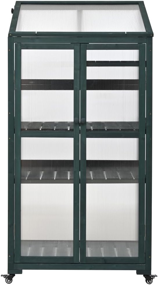 Sturdy Wooden Greenhouse for Balcony or Backyard Use with Rolling Wheels and Adjustable Shelving for Plant Growing (Green + Solid Wood + Wood)