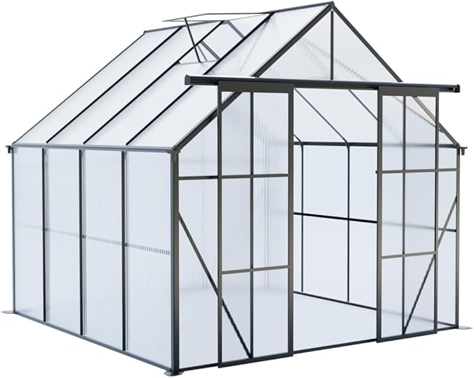Heavy-Duty Walk-in Polycarbonate Greenhouse with Dual Sliding Doors, Adjustable Roof Ventilation, and Galvanized Steel Base for Year-Round Outdoor Gardening (Black 8*8FT)