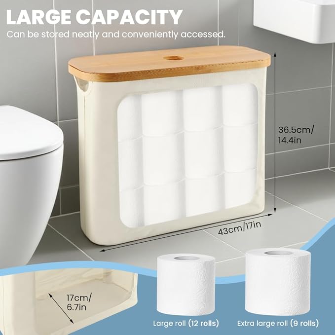 Extra Toilets Roll Storage for 12 Rolls, Toilet Paper Storage with Bamboo Lid, Collapsible Bathroom Toilets Papers Holder Organizer(Color:Beige)
