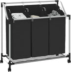 Laundry Sorter with 3 Bags Black Steel Frame, Heavy-Duty Rolling Cart with Removable Sorting Bags and Casters for Easy Transport, Durable Steel Frame Supports Large Loads