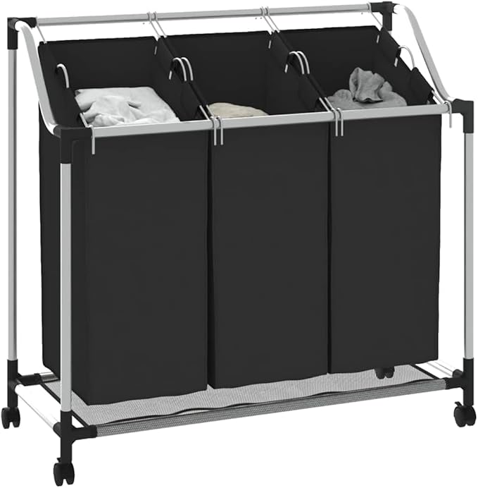 Laundry Sorter with 3 Bags Black Steel Frame, Heavy-Duty Rolling Cart with Removable Sorting Bags and Casters for Easy Transport, Durable Steel Frame Supports Large Loads