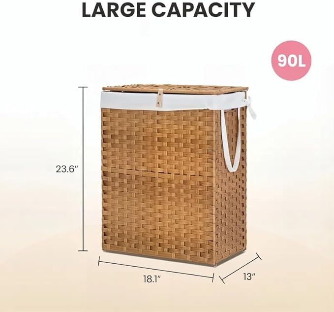 Laundry Hamper with Lid, 90L Foldable Laundry Basket with Removable Liner Bags, Handwoven Synthetic Rattan Clothes Hamper for Bathroom, Bedroom, Laundry Room, Yellow
