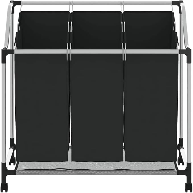 Laundry Sorter with 3 Bags Black Steel Frame, Heavy-Duty Rolling Cart with Removable Sorting Bags and Casters for Easy Transport, Durable Steel Frame Supports Large Loads