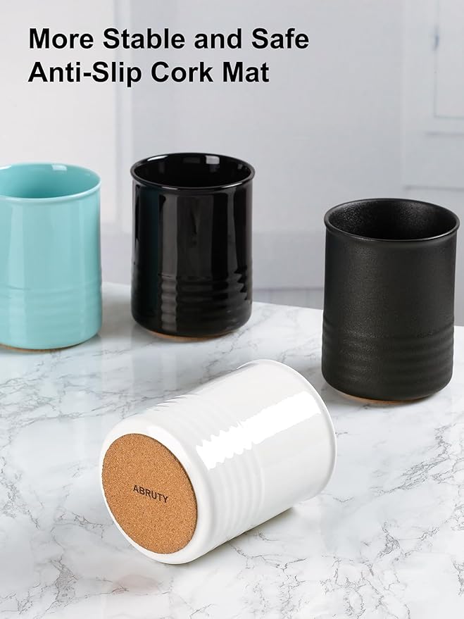 Utensil Holder, 6.7" Ceramic Kitchen Utensil Crock for Countertop Cooking, Modern Utensil Caddy Jar Organizer for Farmhouse Kitchen Counter Décor, Textured Black