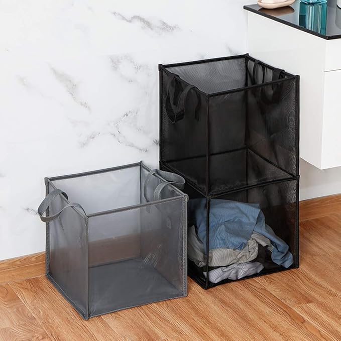HONOMA Laundry Bags Hamper Bag with Handles,Portable & Collapsible Dirty Clothes Mesh Basket Foldable for Washing Storage, Kids Room,Dorm or Travel (Black,Double-Layer)