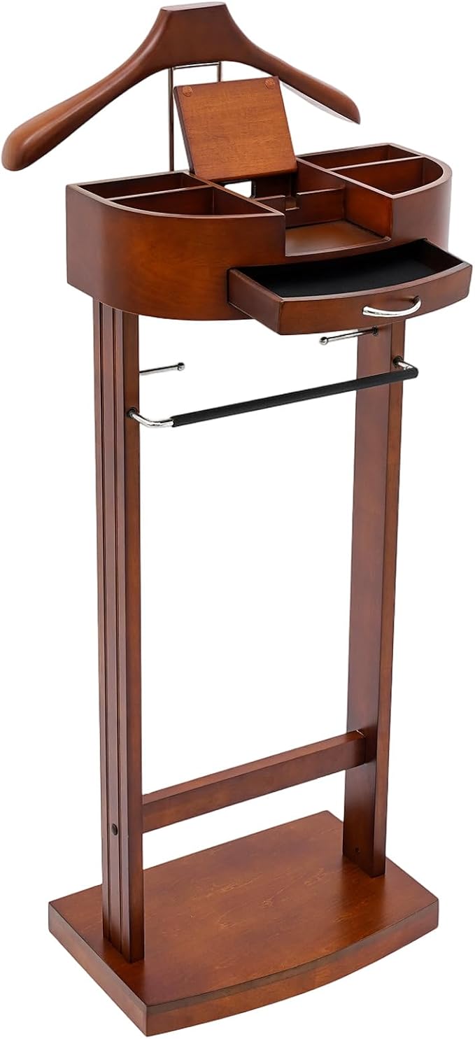 Mens Suit Valet Stand, Wood Suit Rack Clothing Valet Stand, 16.93'' x 13.19'' x 42.13'' Clothes Valet with Top Tray, for Entryway Bedroom Living Room Office, Brown
