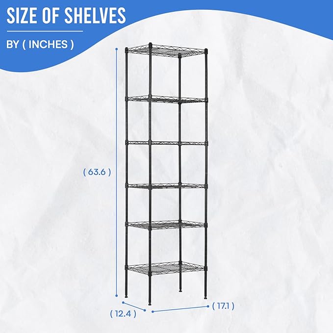 PayLessHere | 6-Tier Wire Shelf | 17"x12"x64" | Black | Adjustable Racks | Heavy-Duty Storage Shelves, Holds Upto 600 lbs | Rust-Resistant, No-Tool Assembly | for Home, Garage Shelving