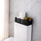 Bathroom Decor Box,Wooden Toilet Tank Topper Basket Tray,Back of Toilet Basket for Paper Storage Bathroom Counter Organizer (Black, Hollowed-Out 15 * 6.1 * 3in)