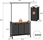 Laundry Sorter 3 Section With Extendable Hanging Bar, Heavy Duty Laundry Basket With Rolling Lockable Wheels And Shelf, Laundry Room Organization And Storage
