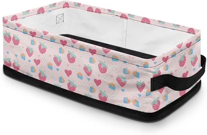 Storage Bin Organizer Collapsible Fabric Basket for Bathroom Kitchen Office Home Storage with Handles for Easy Carrying 13.89 x 7.13 x 4.37 Inch, Strawberry Love Flower Pink