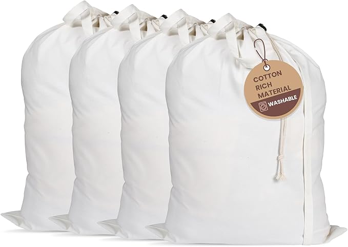 LFH Home Cotton Canvas Large Laundry Bag with Handle, Heavy Duty Drawstring Closure Washable Laundry Bags, School Travel, Home, Hotel, College Dorm, Organizer Sack, Toy Clothes 28x40 (Pack of 4)-White