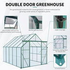 Heavy-Duty Walk-in Polycarbonate Greenhouse with Dual Sliding Doors, Adjustable Roof Ventilation, and Galvanized Steel Base for Year-Round Outdoor Gardening (Green 8*10FT)