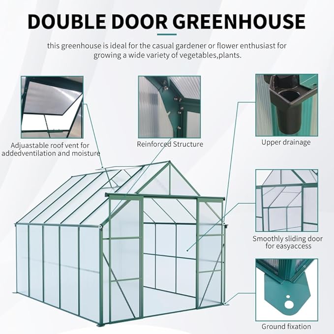 Heavy-Duty Walk-in Polycarbonate Greenhouse with Dual Sliding Doors, Adjustable Roof Ventilation, and Galvanized Steel Base for Year-Round Outdoor Gardening (Green 8*10FT)