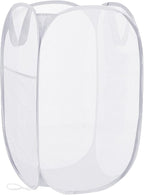 Pop Up Laundry Hamper, Reinforced Mesh Laundry Basket with Handles, Collapsible Clother Hamper with Side Pocket for Home, College Dorm, Travel - White Vertical Storage Basket