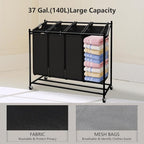 LUCKUP Laundry Sorter 4 Sections with Hanging Bar, 4 Bags Laundry Hamper Rolling Laundry Basket Cart with Lockable Wheels for Laundry Room Bathroom Bedroom, Black