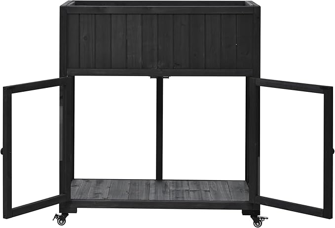 GOWE TOPMAX Patio 35.4''x17.7''x37.4'' Mini Wood Cold Frame, Compact 2 Doors Garden Greenhouse with Wheels, Raised Bed with Liner for Indoor Outdoor Use, Black